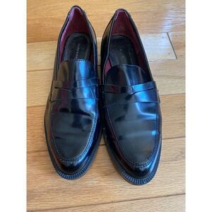 Zara women’s black pleather studded slip on low block heel loafers size 37